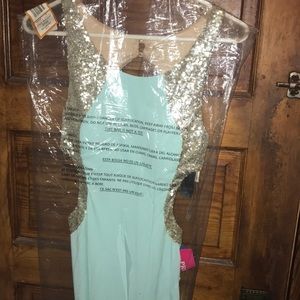 Long seafoam gold prom dress